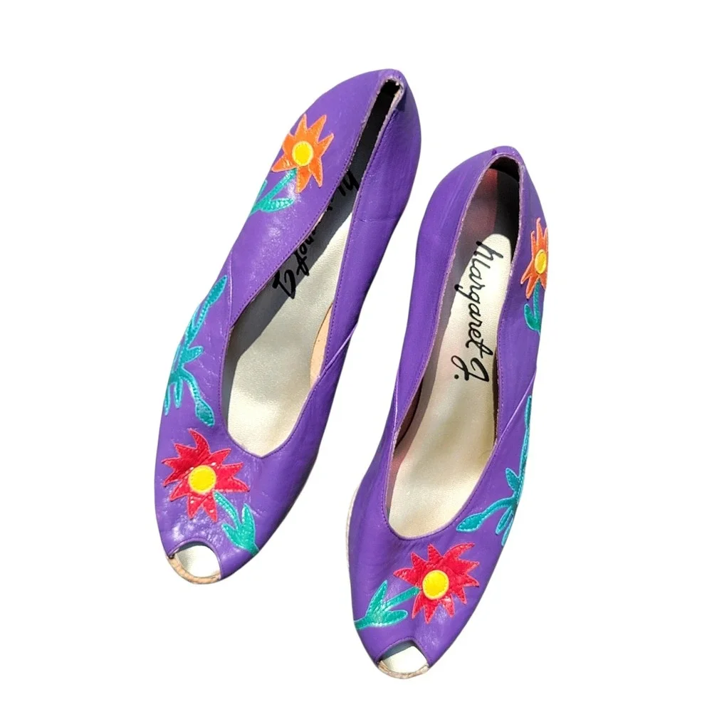 Margaret J Vintage 80s Purple Leather Floral Embroidered Espadrille Wedges 8.5 N